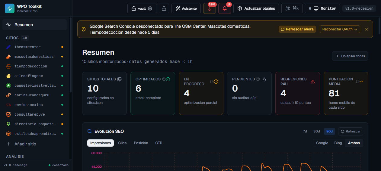 SeoNova WPO Toolkit panel screenshot showing real speed metrics, replaced plugins and blocked bot traffic.